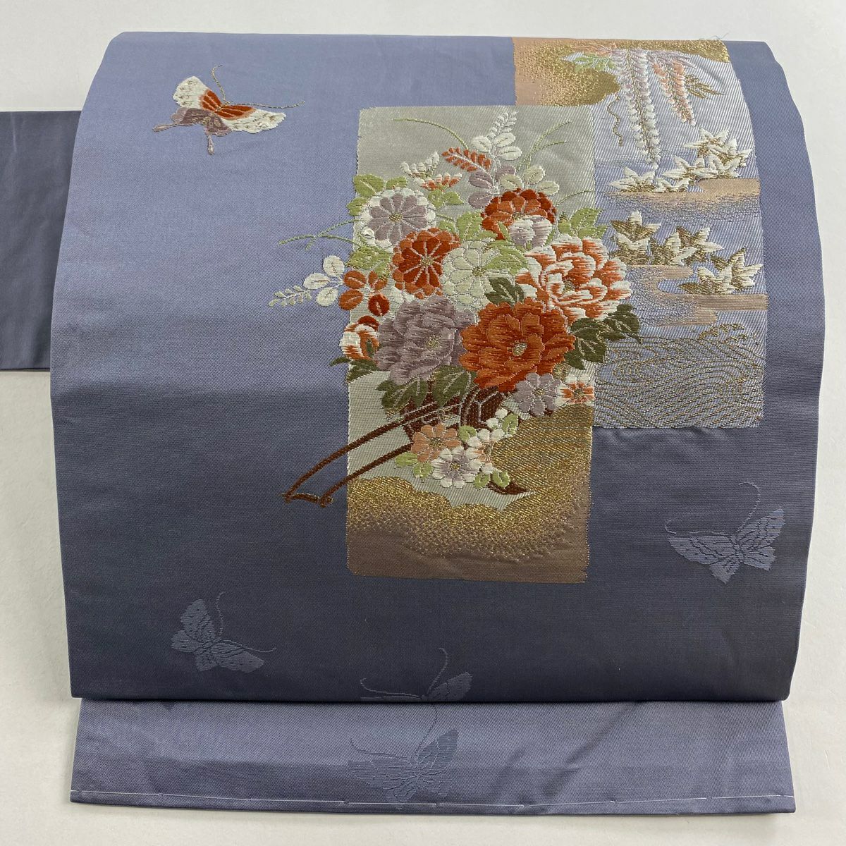 【美品】 名古屋帶 優品級 短冊 花車 唐織 金金箔 青灰 純蠶絲