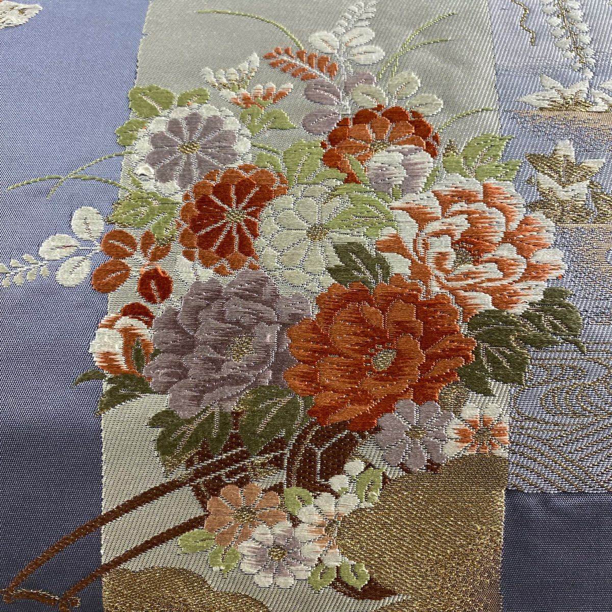 【美品】 名古屋帶 優品級 短冊 花車 唐織 金金箔 青灰 純蠶絲