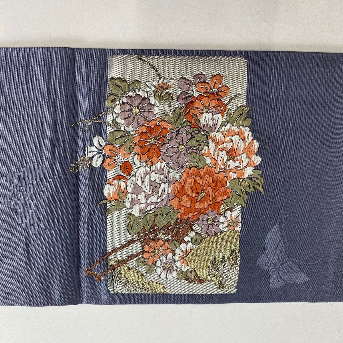 【美品】 名古屋帶 優品級 短冊 花車 唐織 金金箔 青灰 純蠶絲