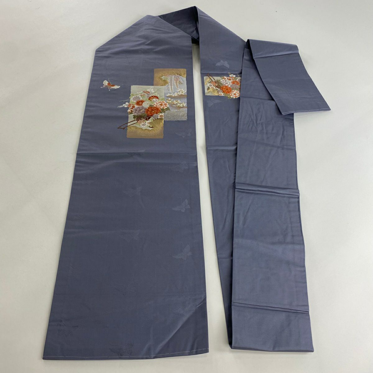 【美品】 名古屋帶 優品級 短冊 花車 唐織 金金箔 青灰 純蠶絲