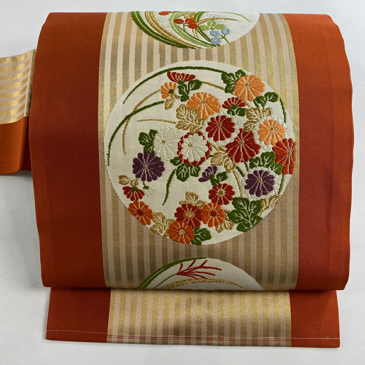 【美品】名古屋帶 優品級 圓文 菊花花 金絲 金金箔 茜色 純蠶絲