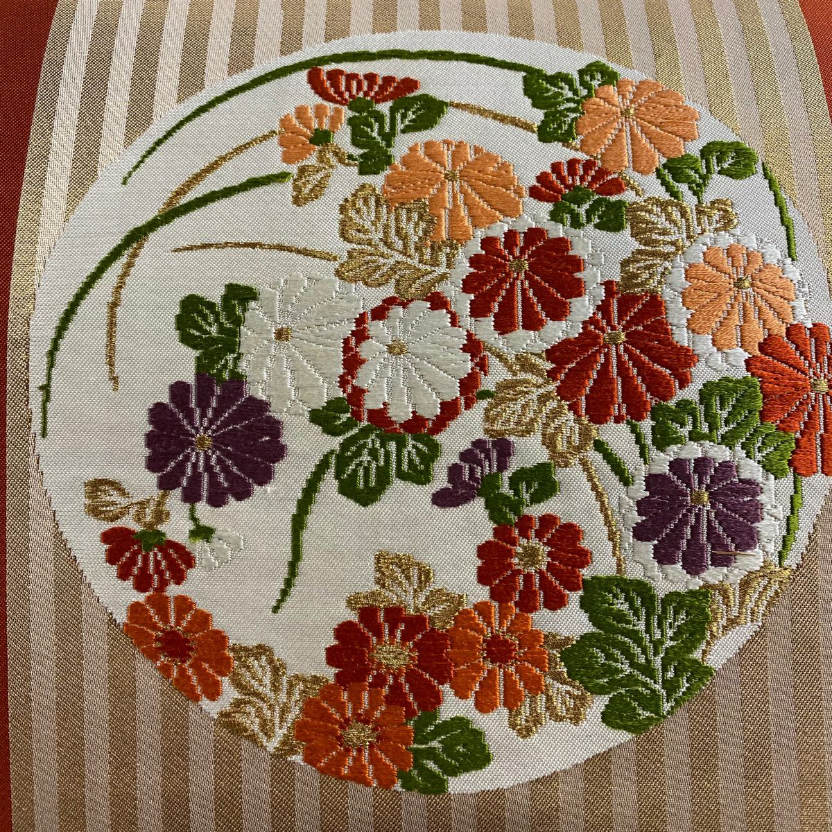 【美品】名古屋帶 優品級 圓文 菊花花 金絲 金金箔 茜色 純蠶絲