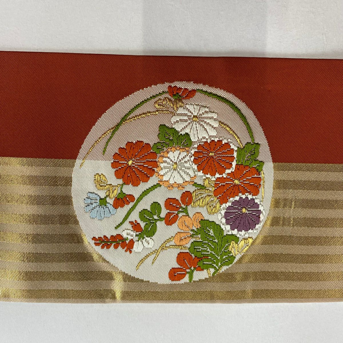 【美品】名古屋帶 優品級 圓文 菊花花 金絲 金金箔 茜色 純蠶絲