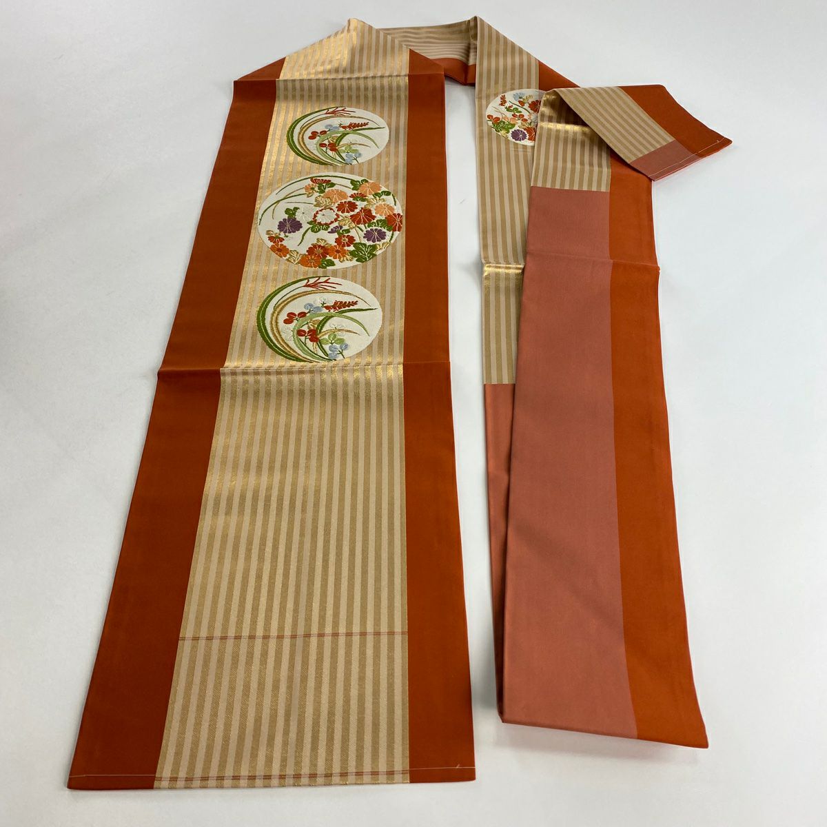 【美品】名古屋帶 優品級 圓文 菊花花 金絲 金金箔 茜色 純蠶絲