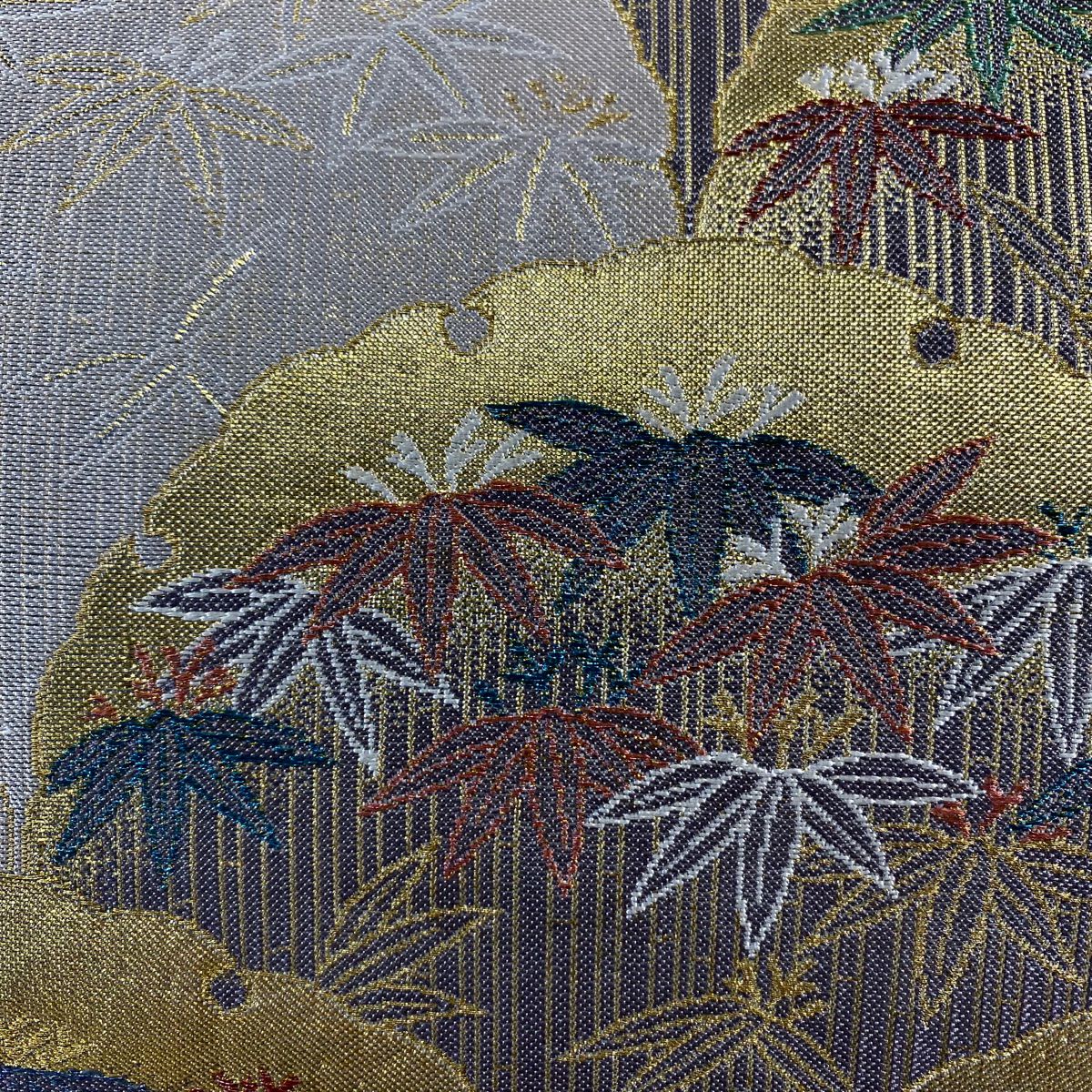 【美品】 袋帶 秀品級 笹 銀杏青海波 金金箔 灰茶 六通 純蠶絲