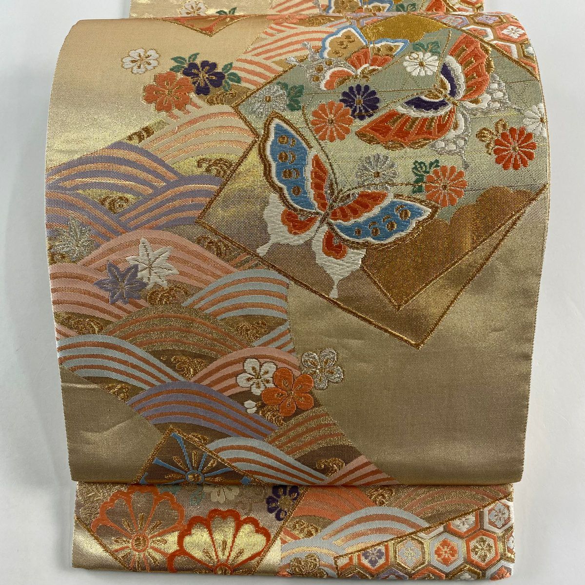【美品】 袋帶 秀品級 蝶 色紙 金銀絲 刺繡 金 六通 純蠶絲