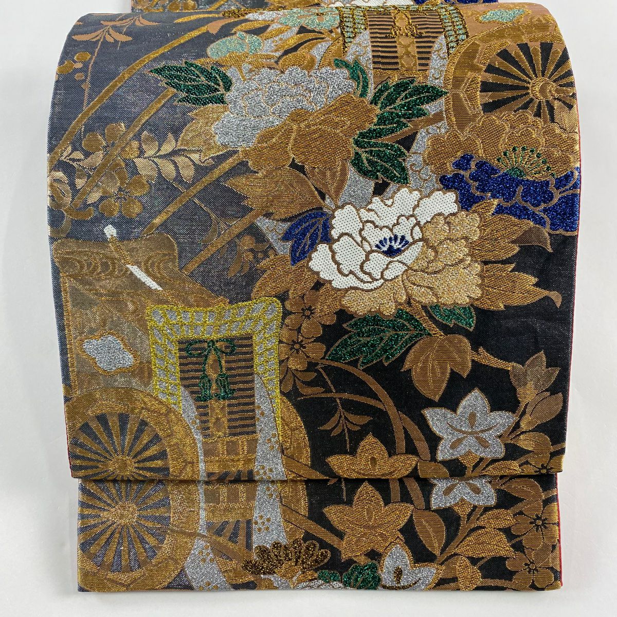 【美品】 袋帶 秀品級 御所車 草花紋 金糸 金金箔 黑 六通 純蠶絲