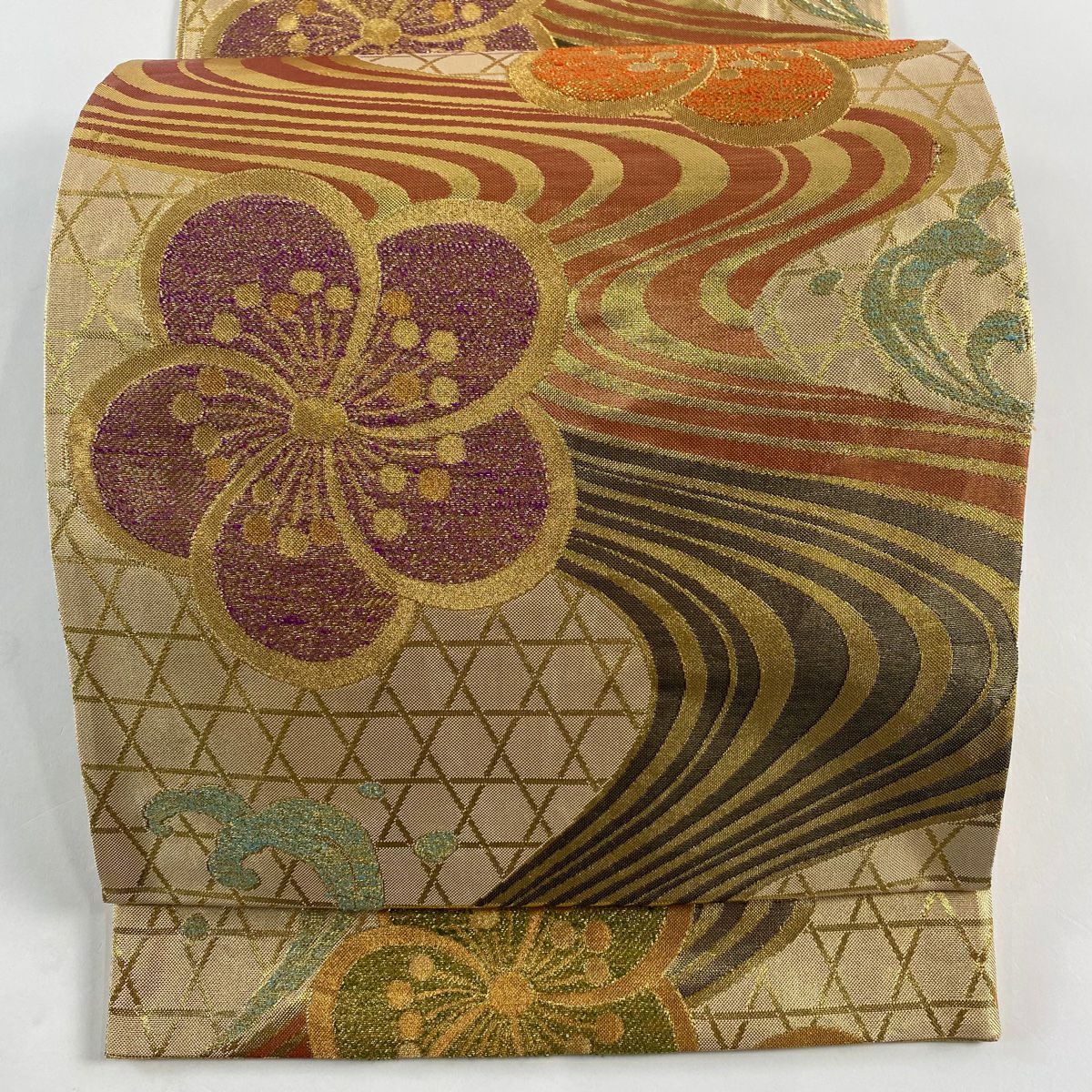 【美品】 袋帶 秀品級 梅花 流水 金絲 金金箔 金色 六通 純蠶絲