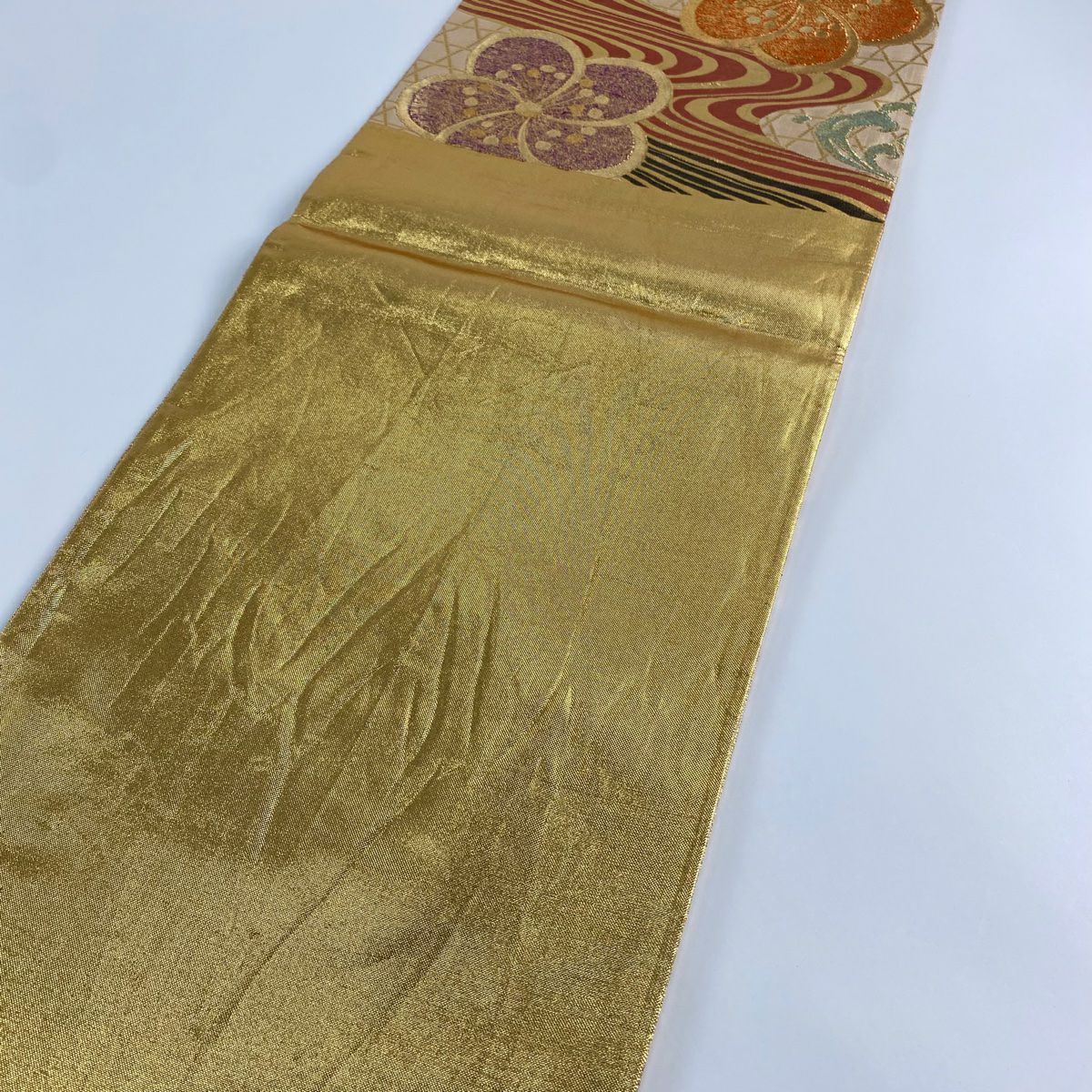 【美品】 袋帶 秀品級 梅花 流水 金絲 金金箔 金色 六通 純蠶絲