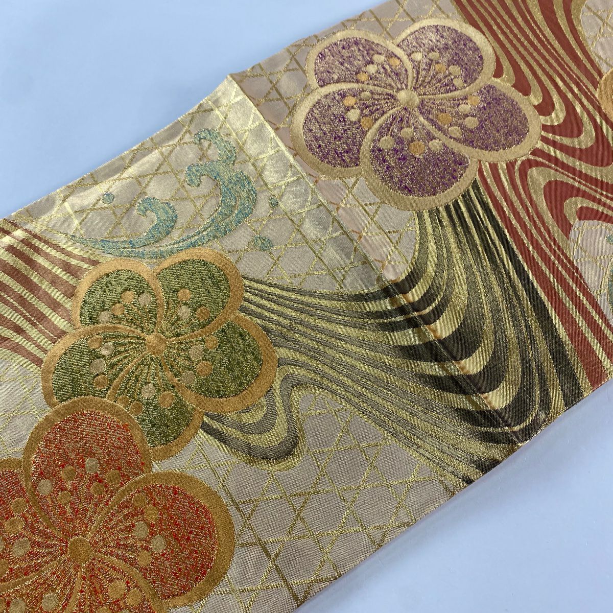 【美品】 袋帶 秀品級 梅花 流水 金絲 金金箔 金色 六通 純蠶絲