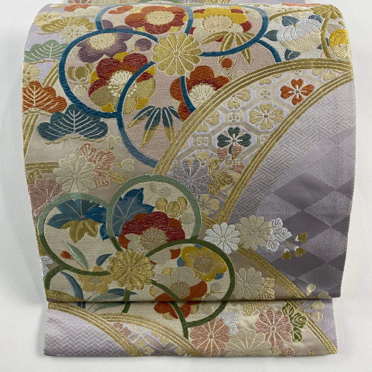 袋帶 秀品級 松樹竹子梅花 菊花 金銀絲 金金箔 淺紫 六通 純蠶絲