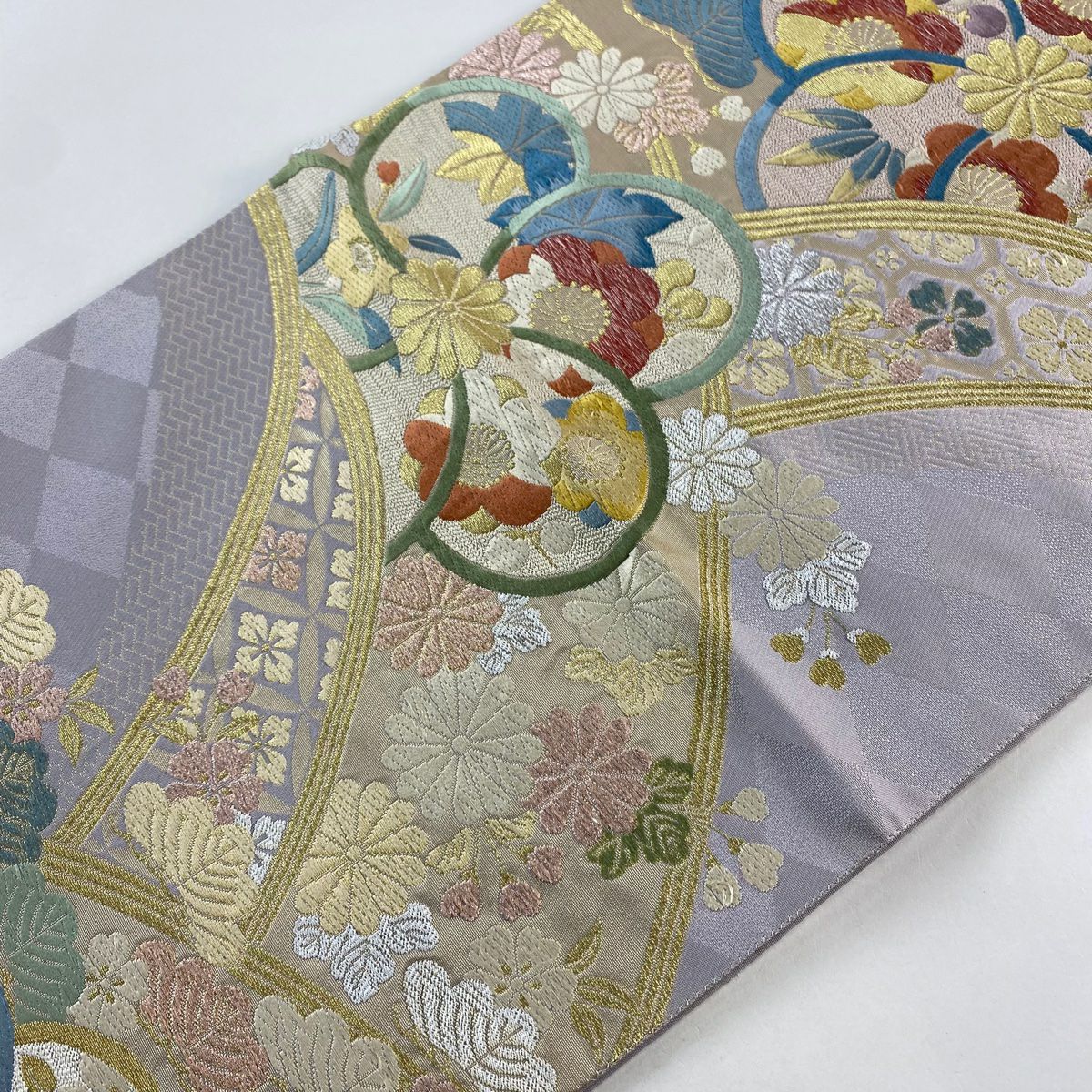 袋帶 秀品級 松樹竹子梅花 菊花 金銀絲 金金箔 淺紫 六通 純蠶絲