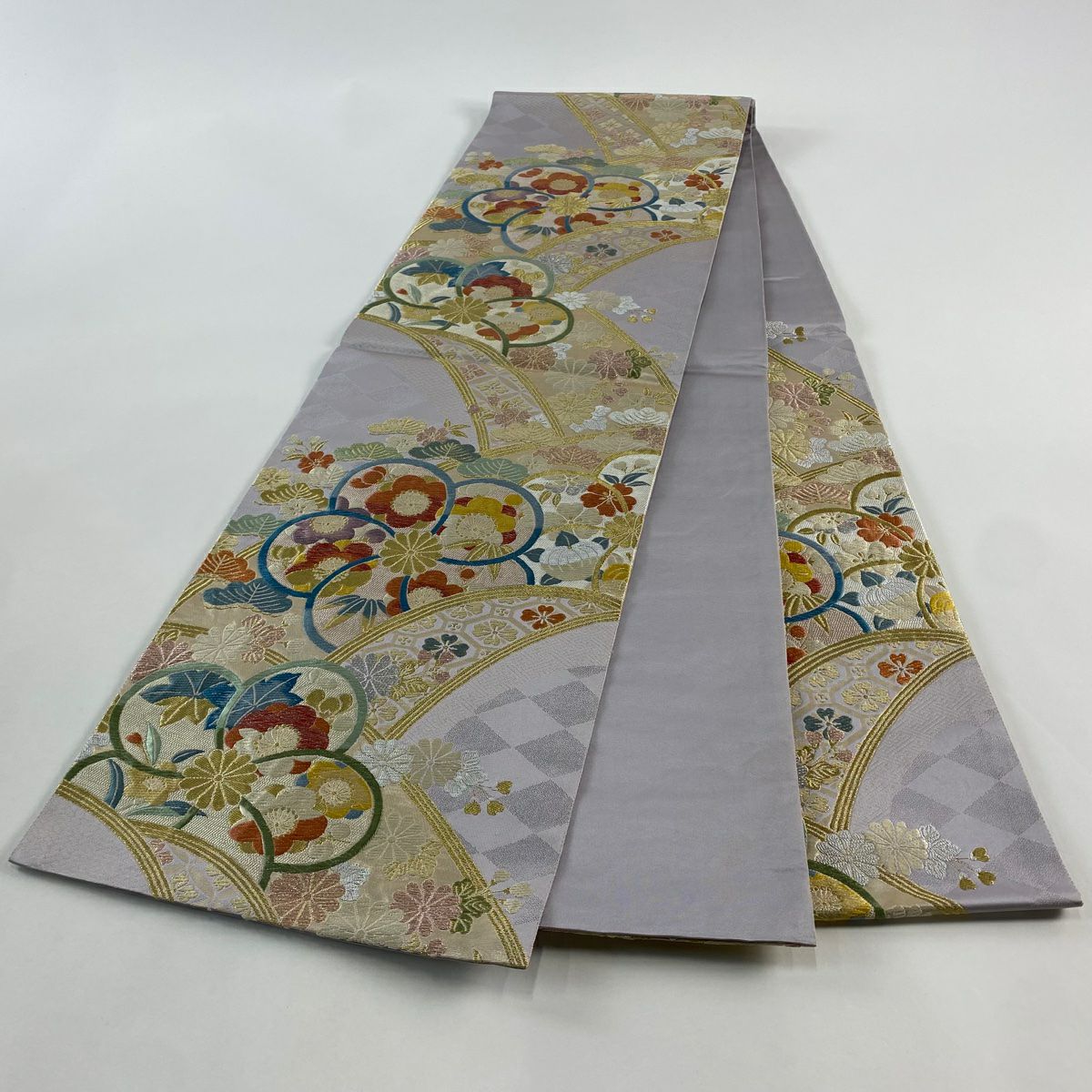 袋帶 秀品級 松樹竹子梅花 菊花 金銀絲 金金箔 淺紫 六通 純蠶絲