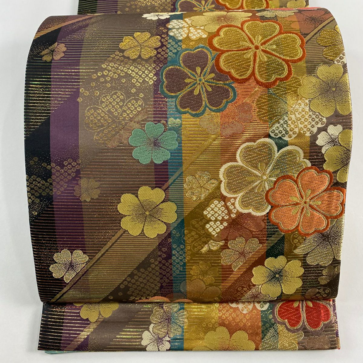 【美品】 袋帶 秀品級櫻花條紋金金箔金絲紫色六通純蠶絲