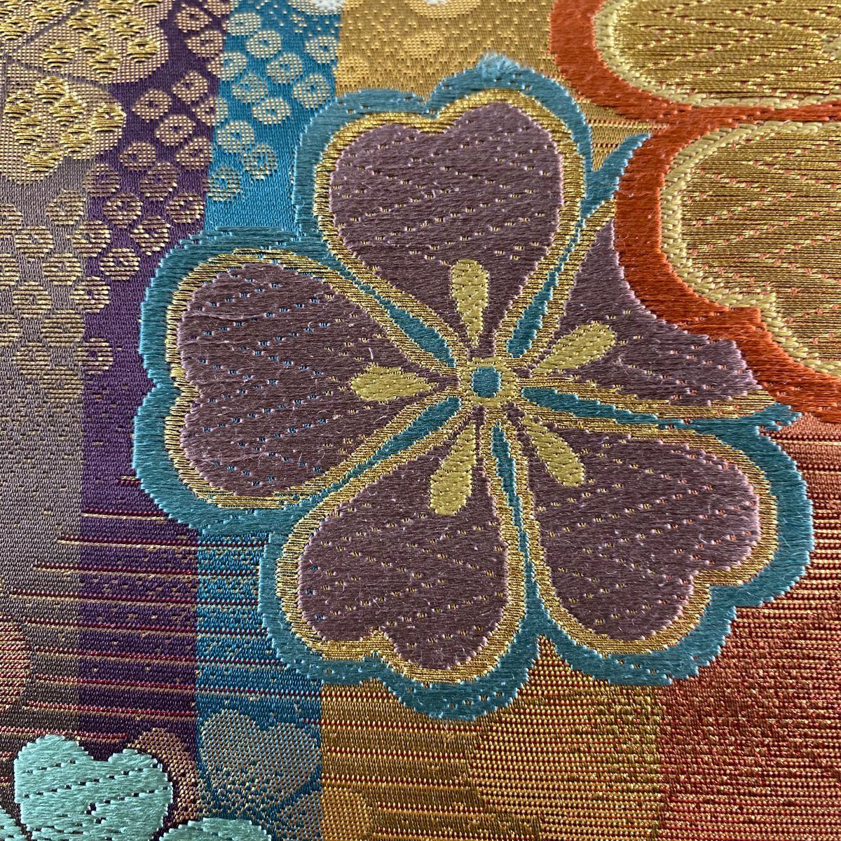 【美品】 袋帶 秀品級櫻花條紋金金箔金絲紫色六通純蠶絲