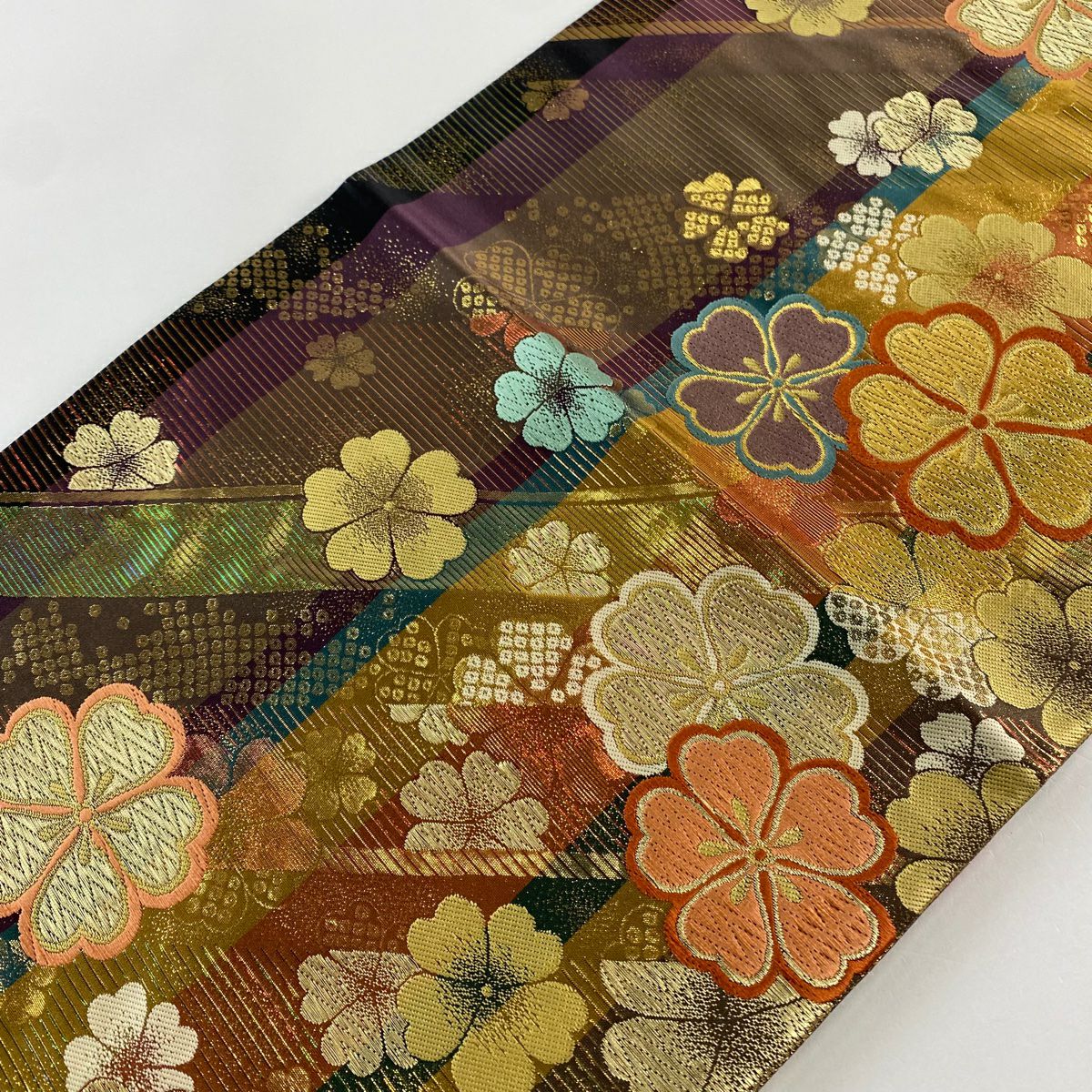 【美品】 袋帶 秀品級櫻花條紋金金箔金絲紫色六通純蠶絲