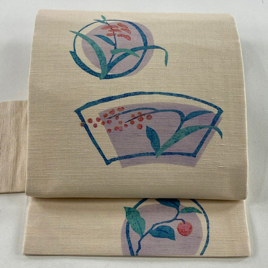 【美品】名古屋帶 秀品級 有落款 扇子面 葉與果實 銀線 金銀彩 淺粉色 純蠶絲