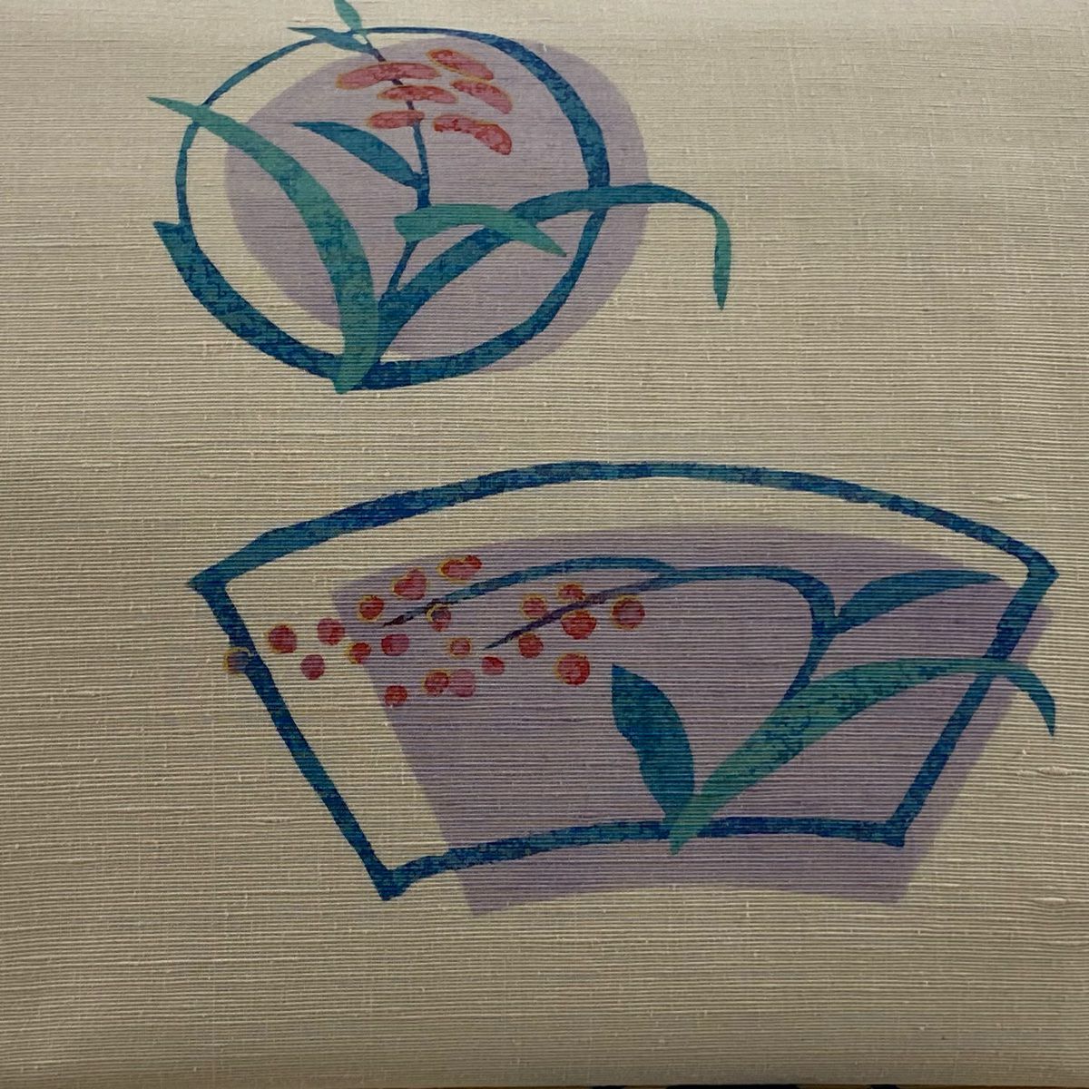 【美品】名古屋帶 秀品級 有落款 扇子面 葉與果實 銀線 金銀彩 淺粉色 純蠶絲