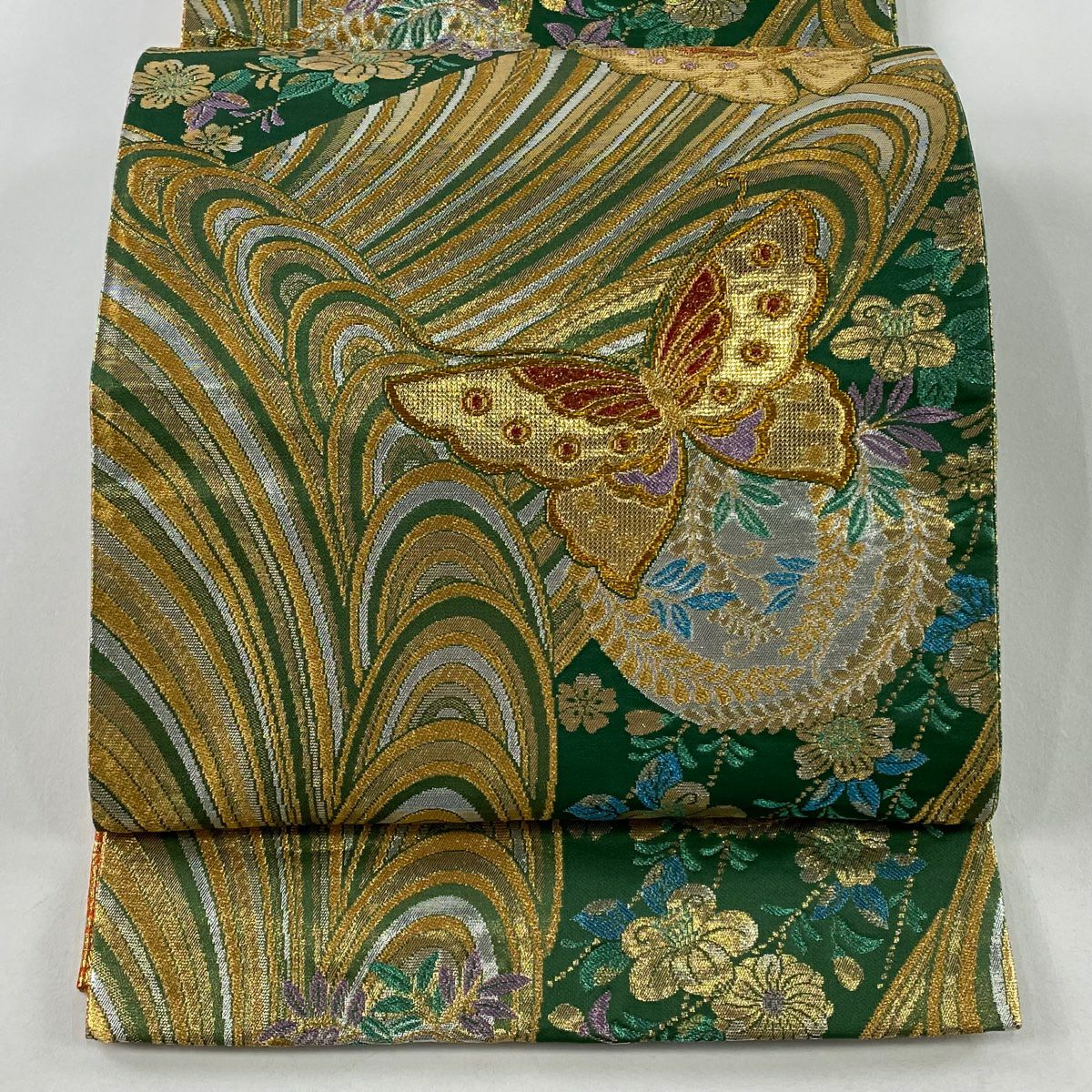 【美品】 袋帶 秀品級 蝶 草花紋 金糸 金金箔 綠 六通 純蠶絲