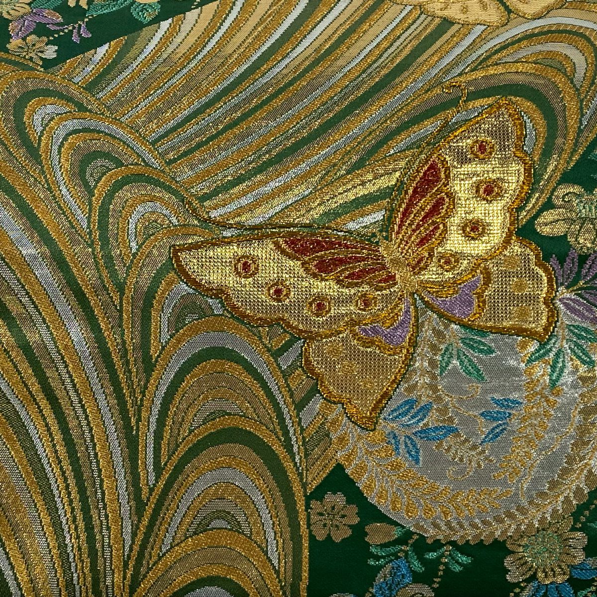 【美品】 袋帶 秀品級 蝶 草花紋 金糸 金金箔 綠 六通 純蠶絲