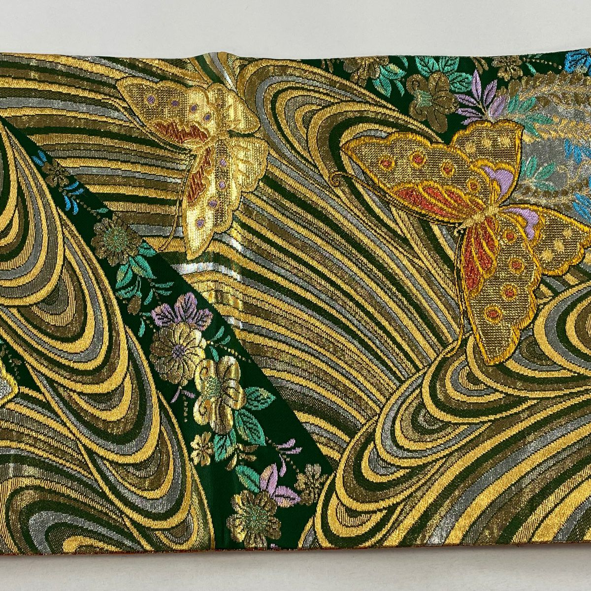 【美品】 袋帶 秀品級 蝶 草花紋 金糸 金金箔 綠 六通 純蠶絲