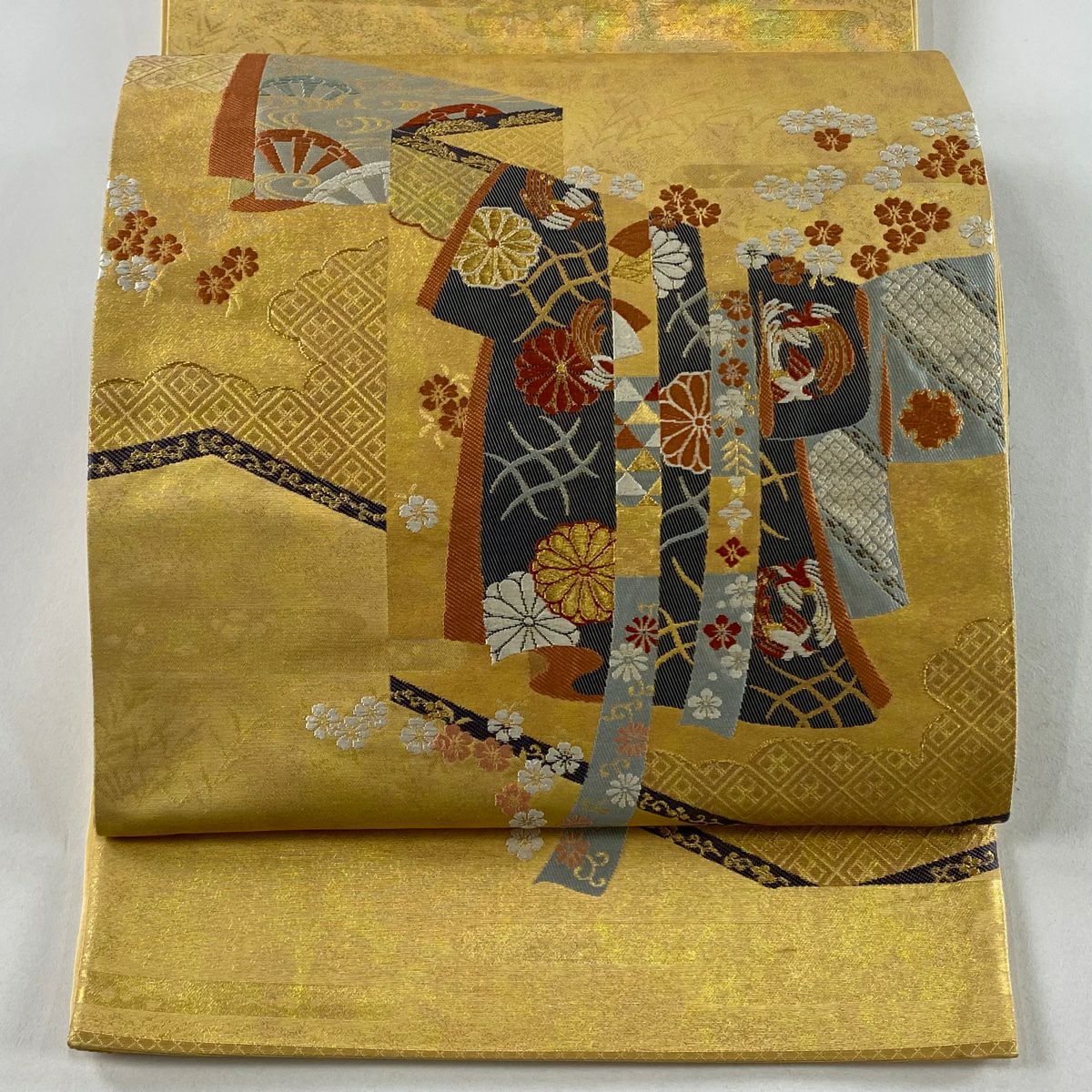 【美品】 袋帶 秀品級 關西仕立 單袖花 金絲 金金箔 金色 大鼓圖案 純蠶絲
