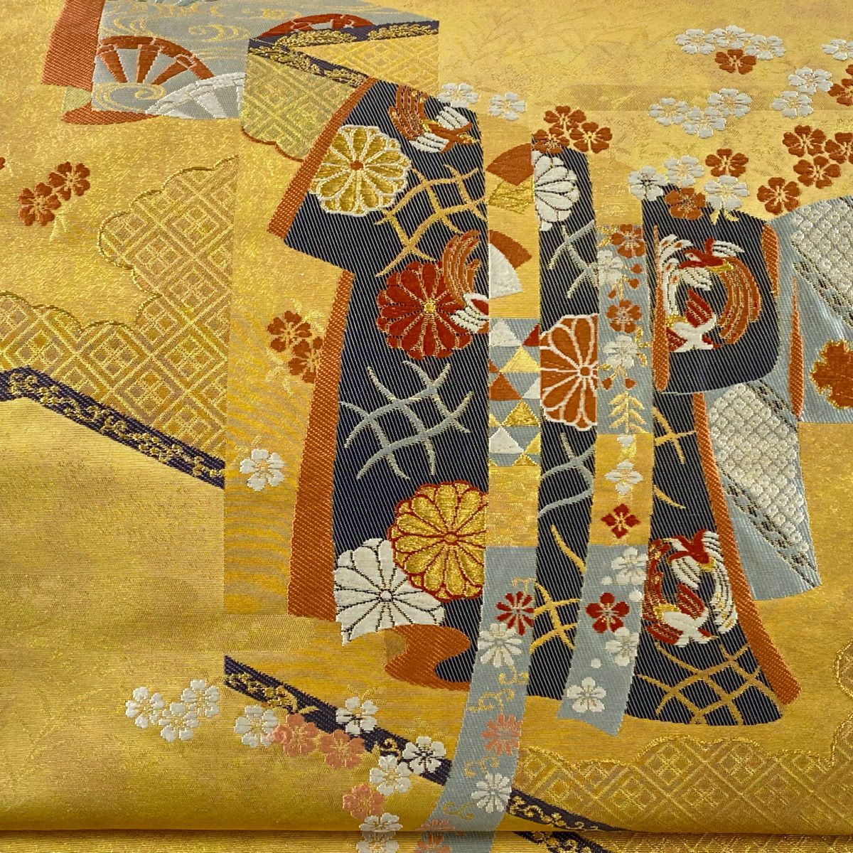 【美品】 袋帶 秀品級 關西仕立 單袖花 金絲 金金箔 金色 大鼓圖案 純蠶絲