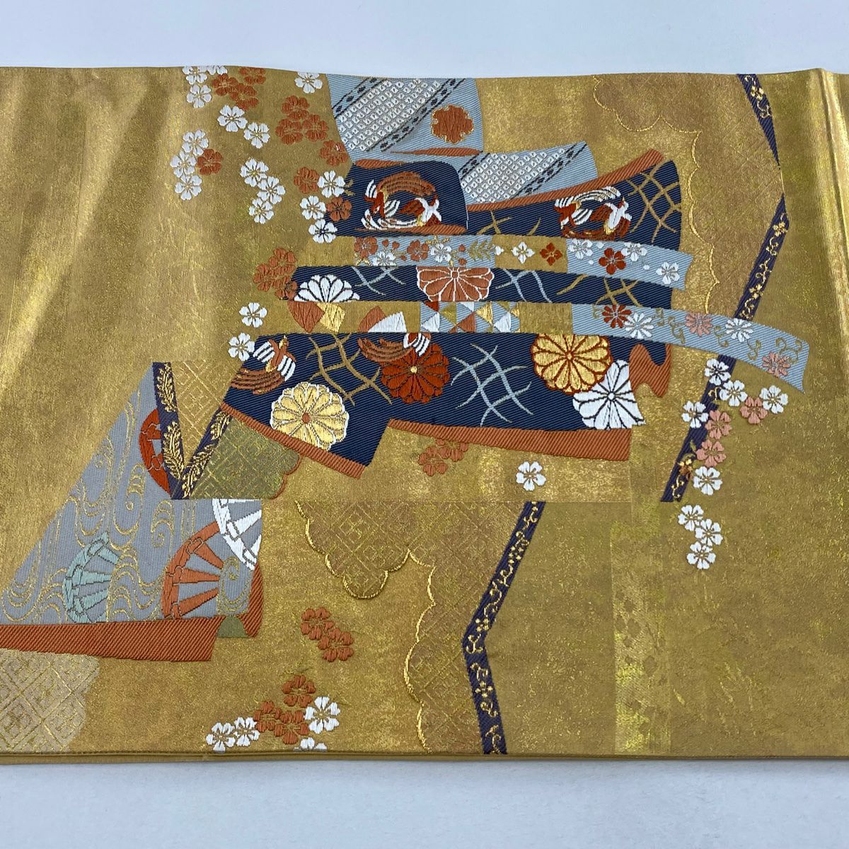【美品】 袋帶 秀品級 關西仕立 單袖花 金絲 金金箔 金色 大鼓圖案 純蠶絲