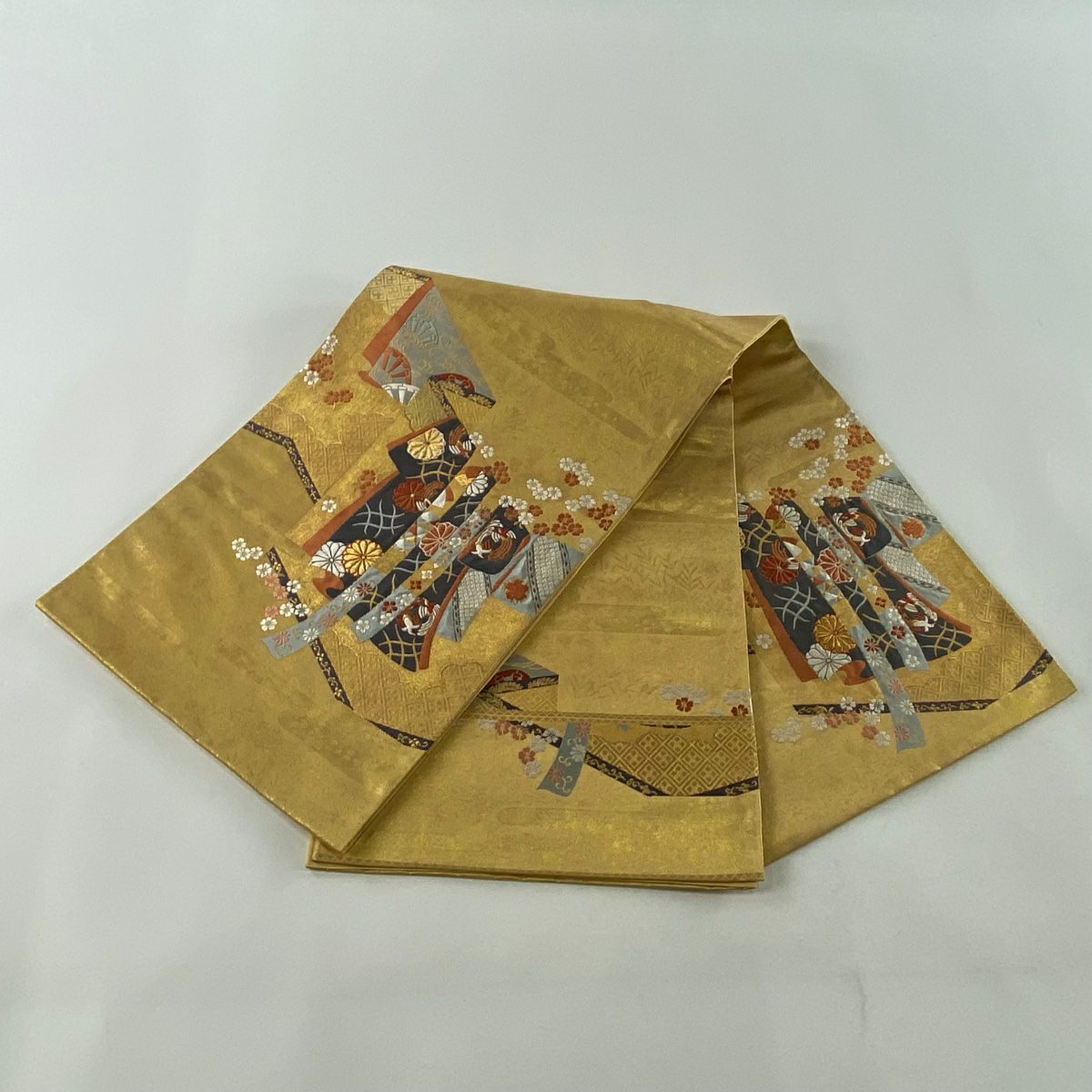 【美品】 袋帶 秀品級 關西仕立 單袖花 金絲 金金箔 金色 大鼓圖案 純蠶絲