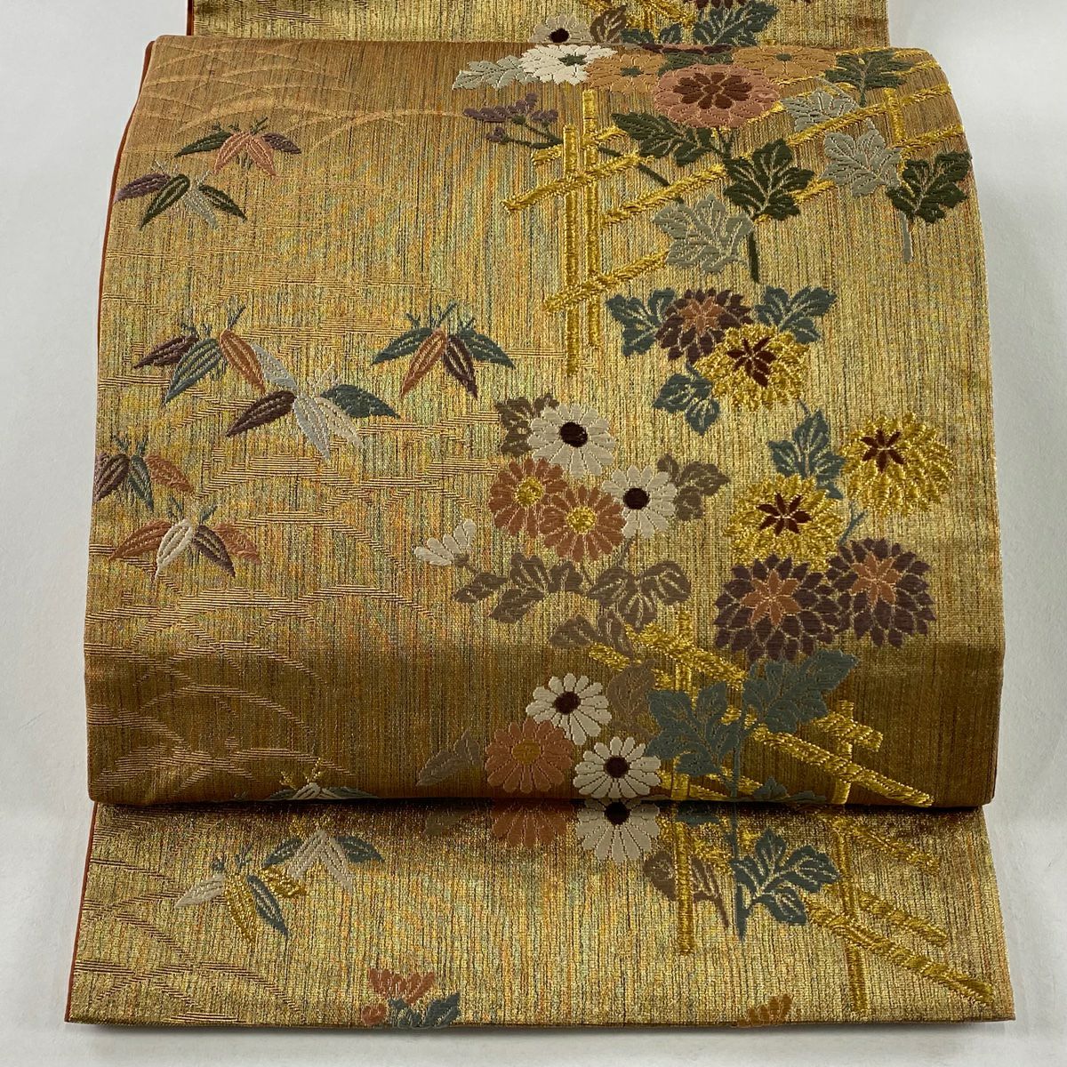 【美品】 袋帶 秀品級 菊花 蘆竹子 金絲 金金箔 淺茶 六通 純蠶絲