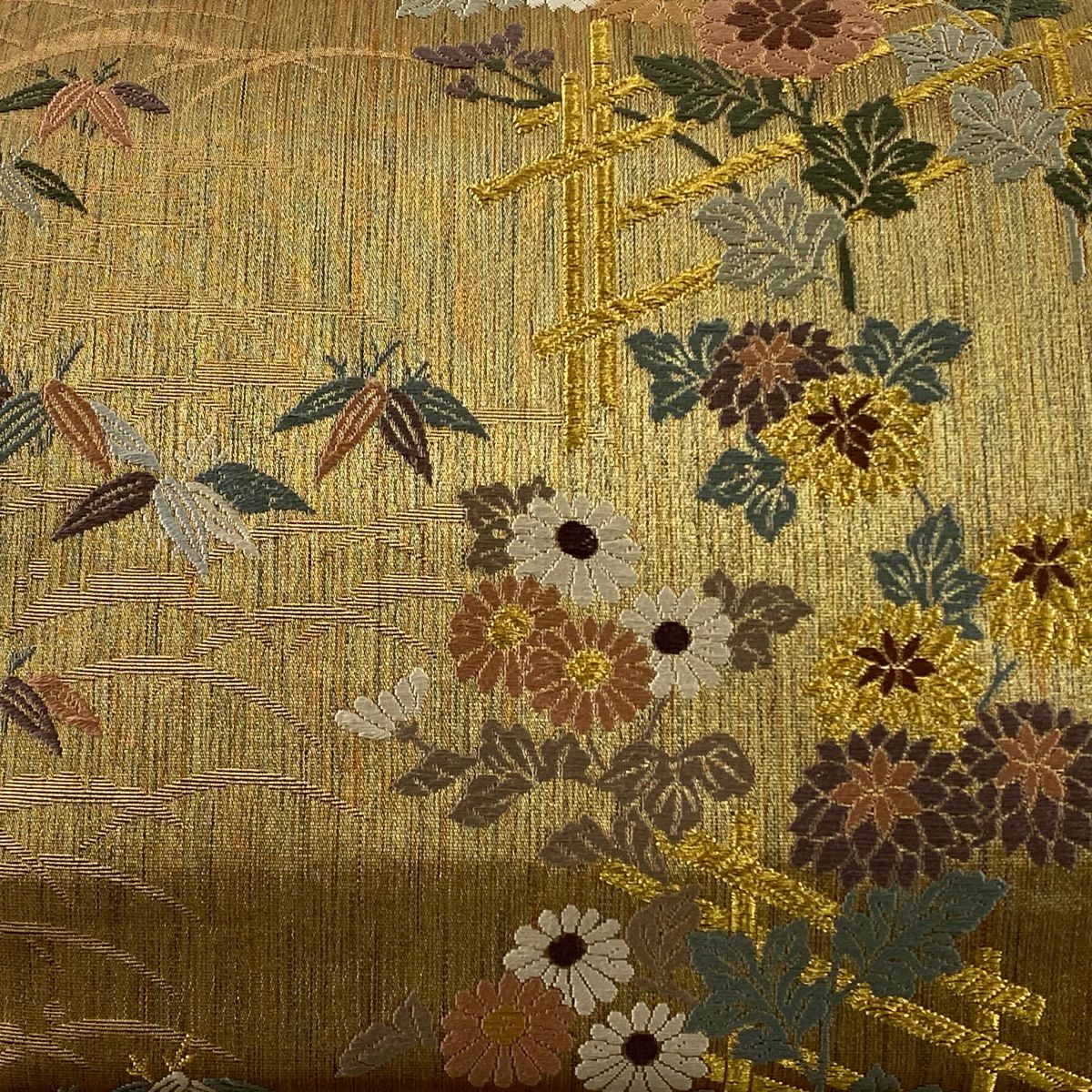 【美品】 袋帶 秀品級 菊花 蘆竹子 金絲 金金箔 淺茶 六通 純蠶絲
