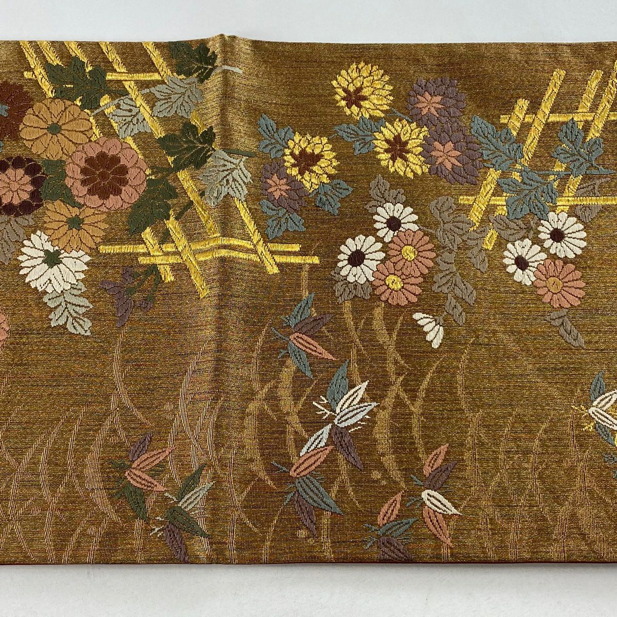 【美品】 袋帶 秀品級 菊花 蘆竹子 金絲 金金箔 淺茶 六通 純蠶絲