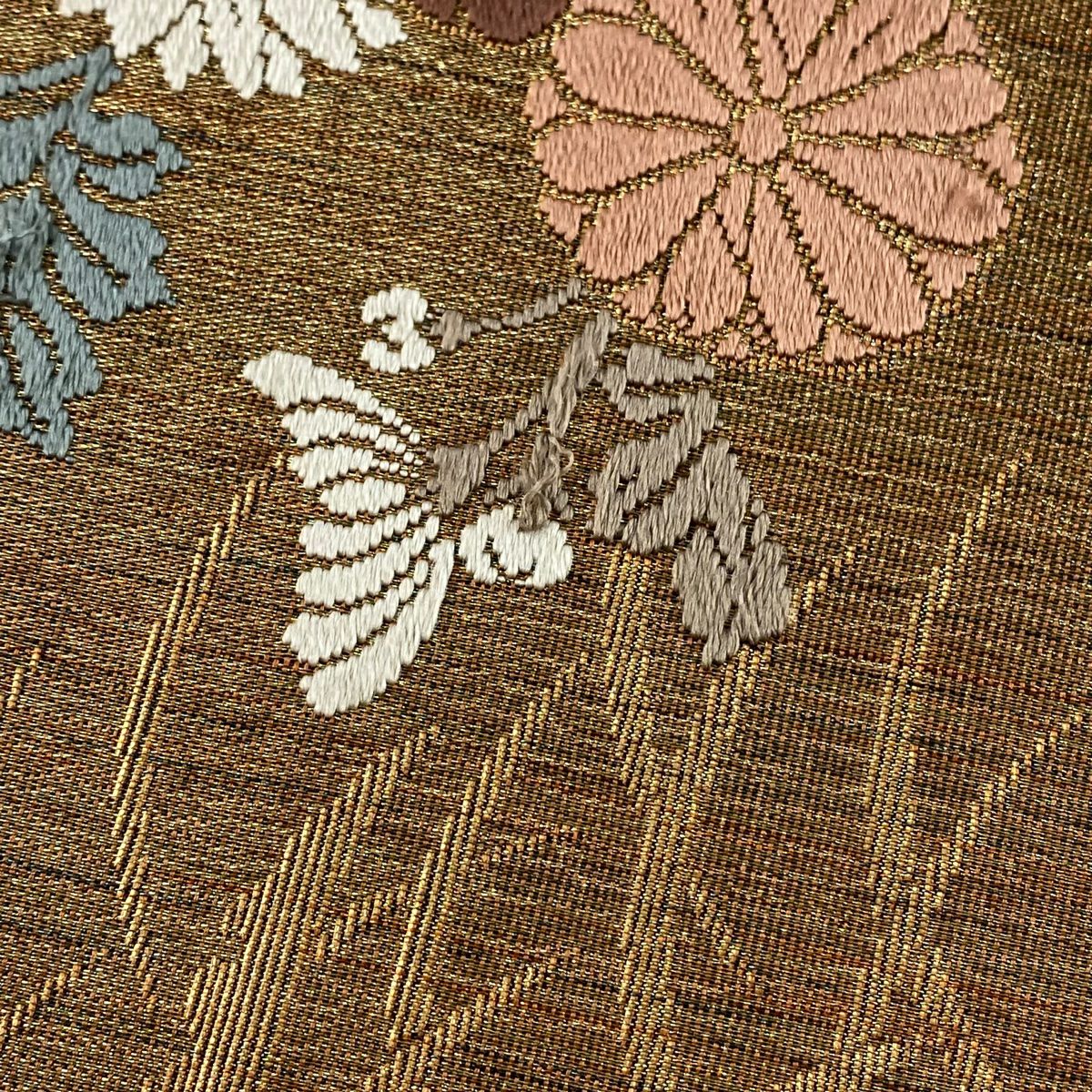 【美品】 袋帶 秀品級 菊花 蘆竹子 金絲 金金箔 淺茶 六通 純蠶絲