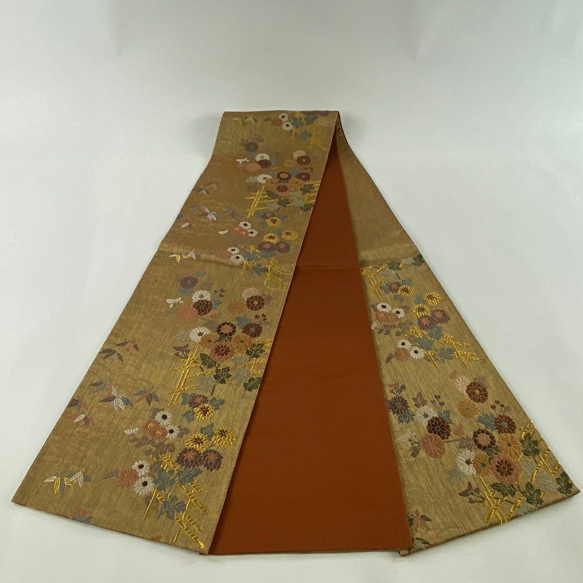 【美品】 袋帶 秀品級 菊花 蘆竹子 金絲 金金箔 淺茶 六通 純蠶絲
