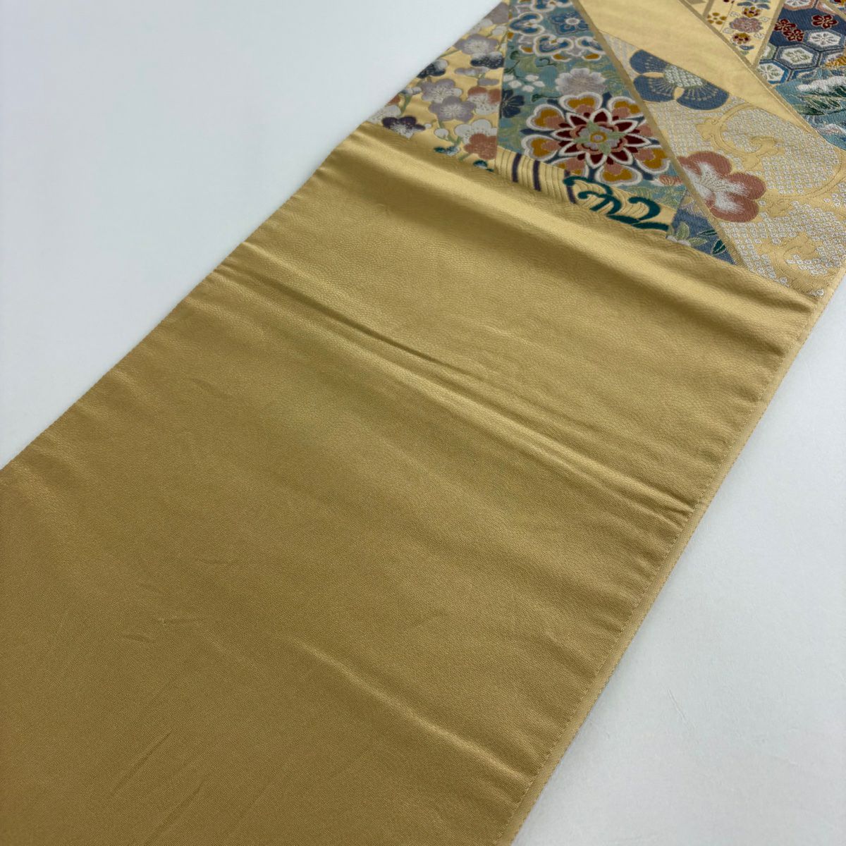 【美品】 袋帶 秀品級 華紋 七寶 金金箔 淺茶 六通 純蠶絲