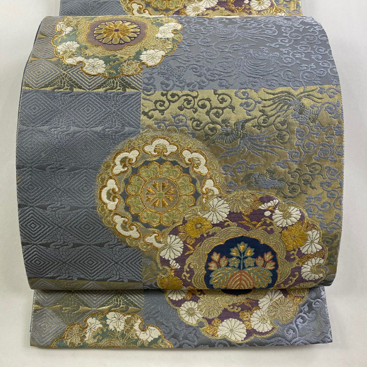 袋帶 逸品級 じゅらく 落款あり じゅらく黃金繭 華紋 花鳥 金絲 金金箔 青灰 六通 純蠶絲