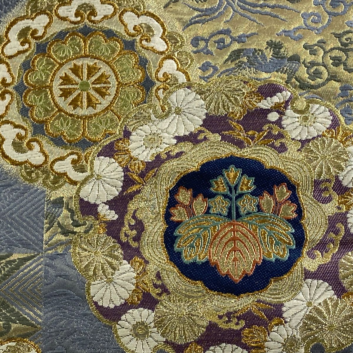 袋帶 逸品級 じゅらく 落款あり じゅらく黃金繭 華紋 花鳥 金絲 金金箔 青灰 六通 純蠶絲