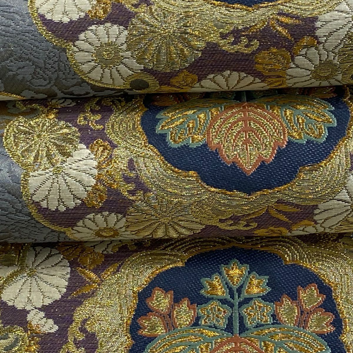 袋帶 逸品級 じゅらく 落款あり じゅらく黃金繭 華紋 花鳥 金絲 金金箔 青灰 六通 純蠶絲