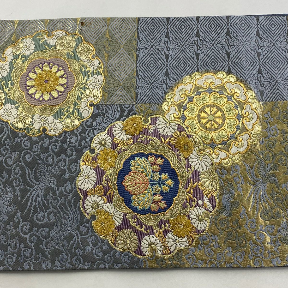 袋帶 逸品級 じゅらく 落款あり じゅらく黃金繭 華紋 花鳥 金絲 金金箔 青灰 六通 純蠶絲