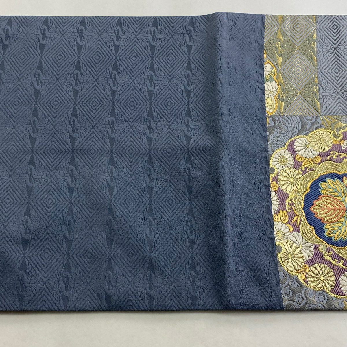 袋帶 逸品級 じゅらく 落款あり じゅらく黃金繭 華紋 花鳥 金絲 金金箔 青灰 六通 純蠶絲
