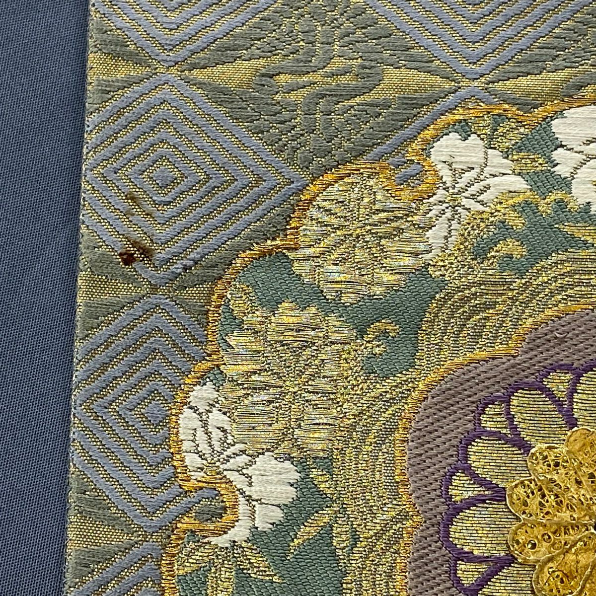 袋帶 逸品級 じゅらく 落款あり じゅらく黃金繭 華紋 花鳥 金絲 金金箔 青灰 六通 純蠶絲