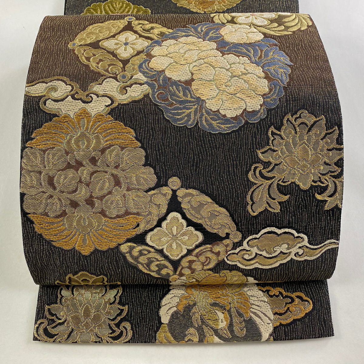 【美品】 袋帶 逸品級 じゅらく 落款あり 花丸紋 花唐草紋 金絲 金金箔 墨 深藍 六通 純蠶絲