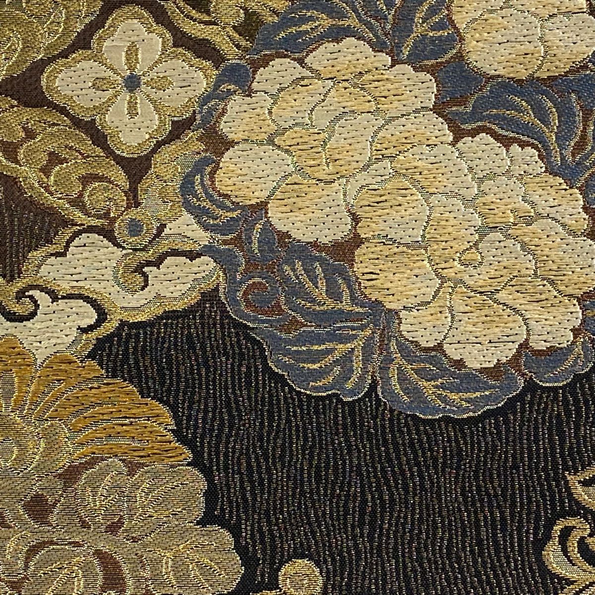 【美品】 袋帶 逸品級 じゅらく 落款あり 花丸紋 花唐草紋 金絲 金金箔 墨 深藍 六通 純蠶絲