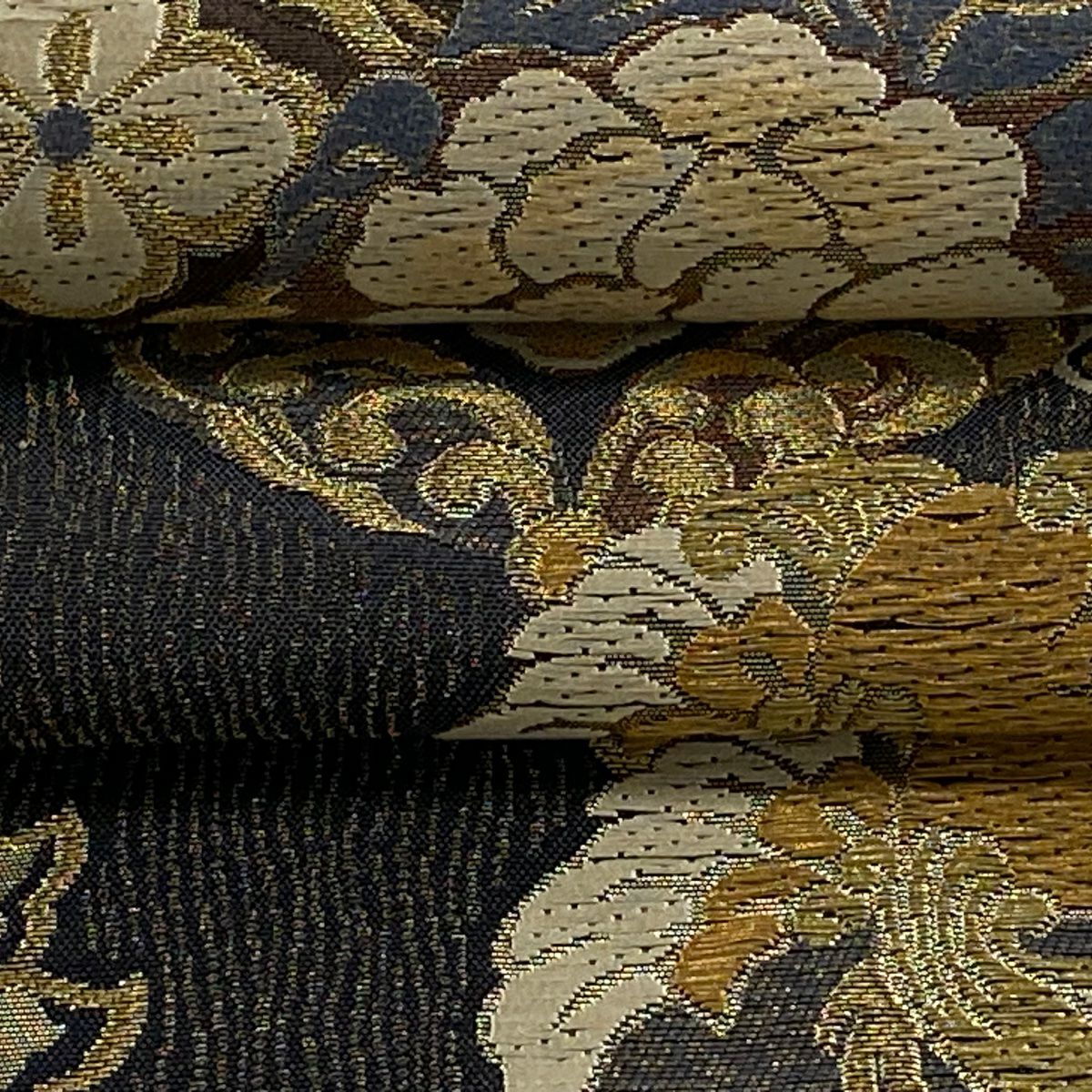 【美品】 袋帶 逸品級 じゅらく 落款あり 花丸紋 花唐草紋 金絲 金金箔 墨 深藍 六通 純蠶絲