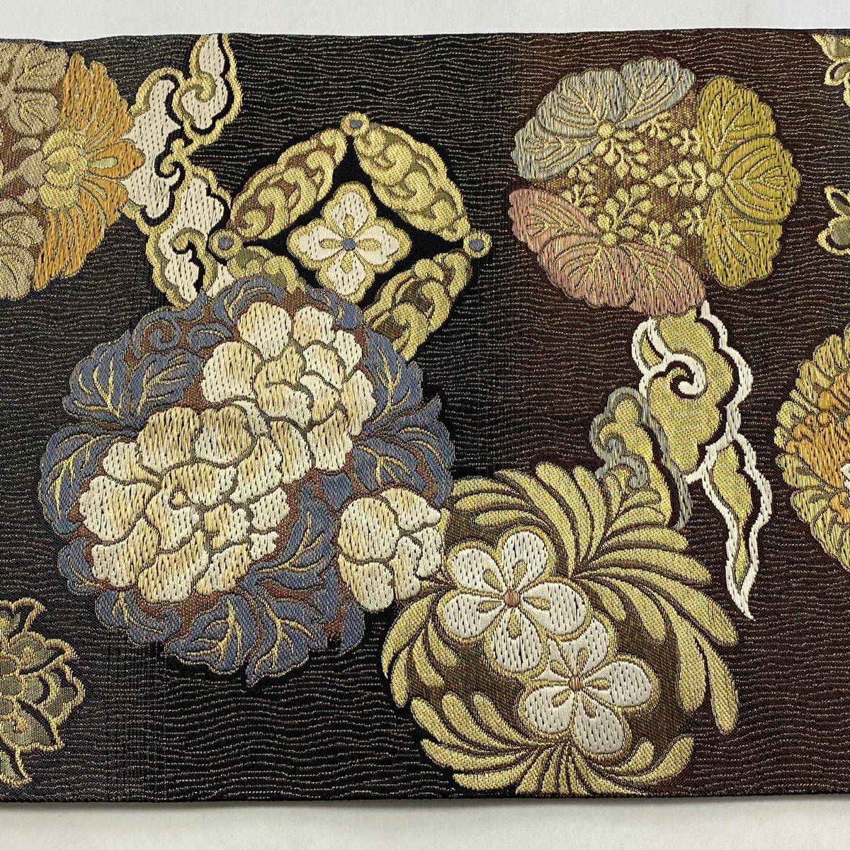 【美品】 袋帶 逸品級 じゅらく 落款あり 花丸紋 花唐草紋 金絲 金金箔 墨 深藍 六通 純蠶絲