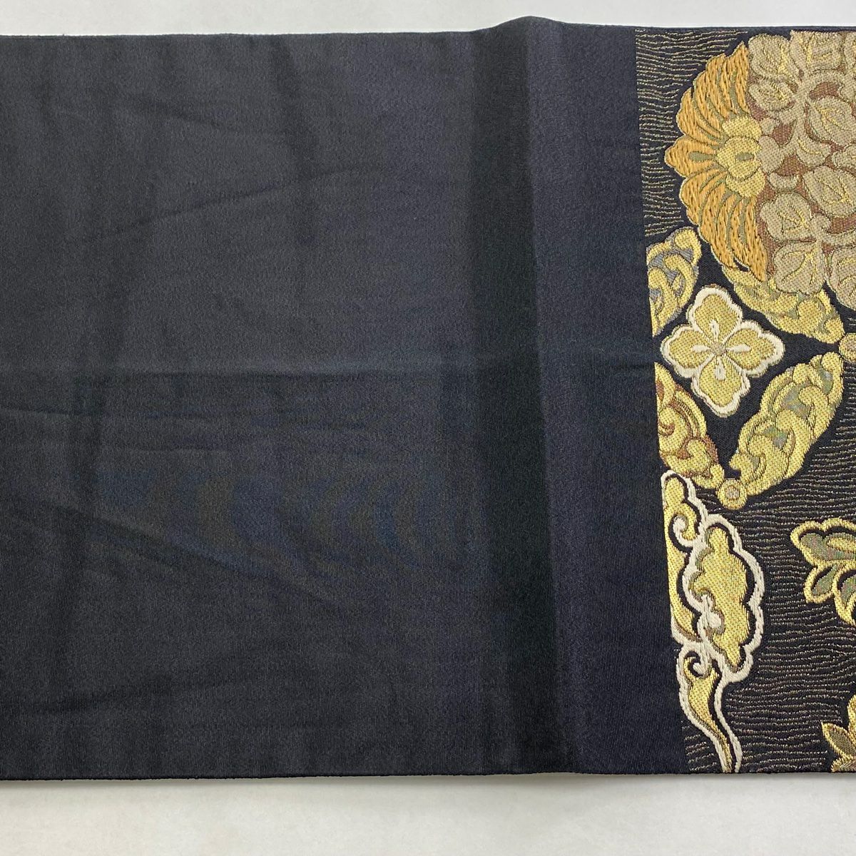 【美品】 袋帶 逸品級 じゅらく 落款あり 花丸紋 花唐草紋 金絲 金金箔 墨 深藍 六通 純蠶絲