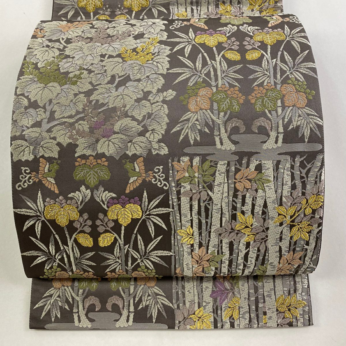【美品】 袋帶 逸品級 金金箔屋清兵衛 落款 草花紋紋 鳥 金絲 金金箔 灰紫 六通 純蠶絲