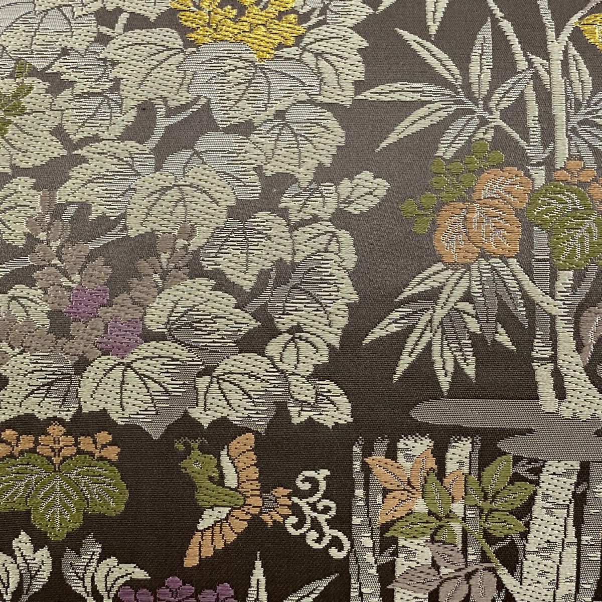 【美品】 袋帶 逸品級 金金箔屋清兵衛 落款 草花紋紋 鳥 金絲 金金箔 灰紫 六通 純蠶絲