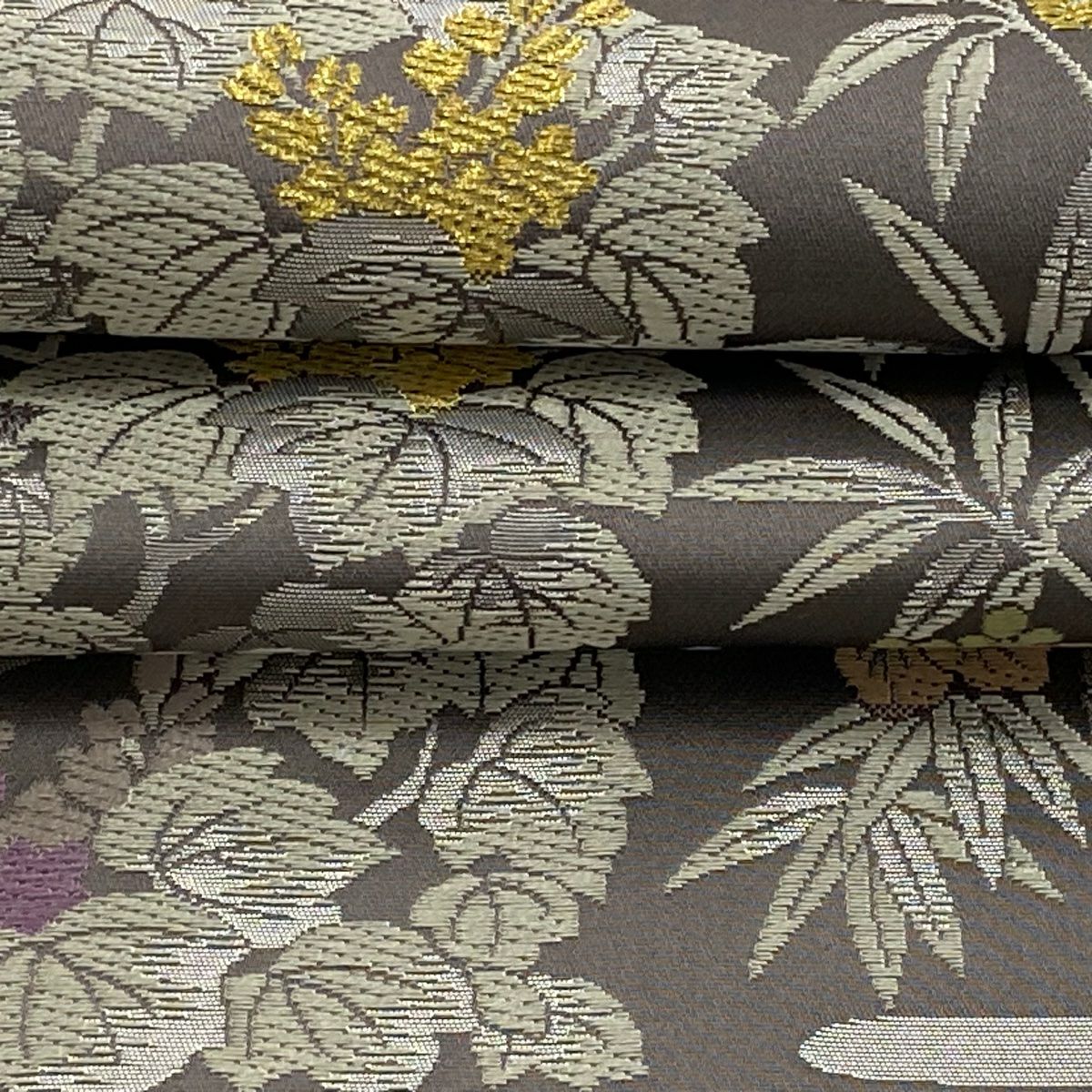 【美品】 袋帶 逸品級 金金箔屋清兵衛 落款 草花紋紋 鳥 金絲 金金箔 灰紫 六通 純蠶絲
