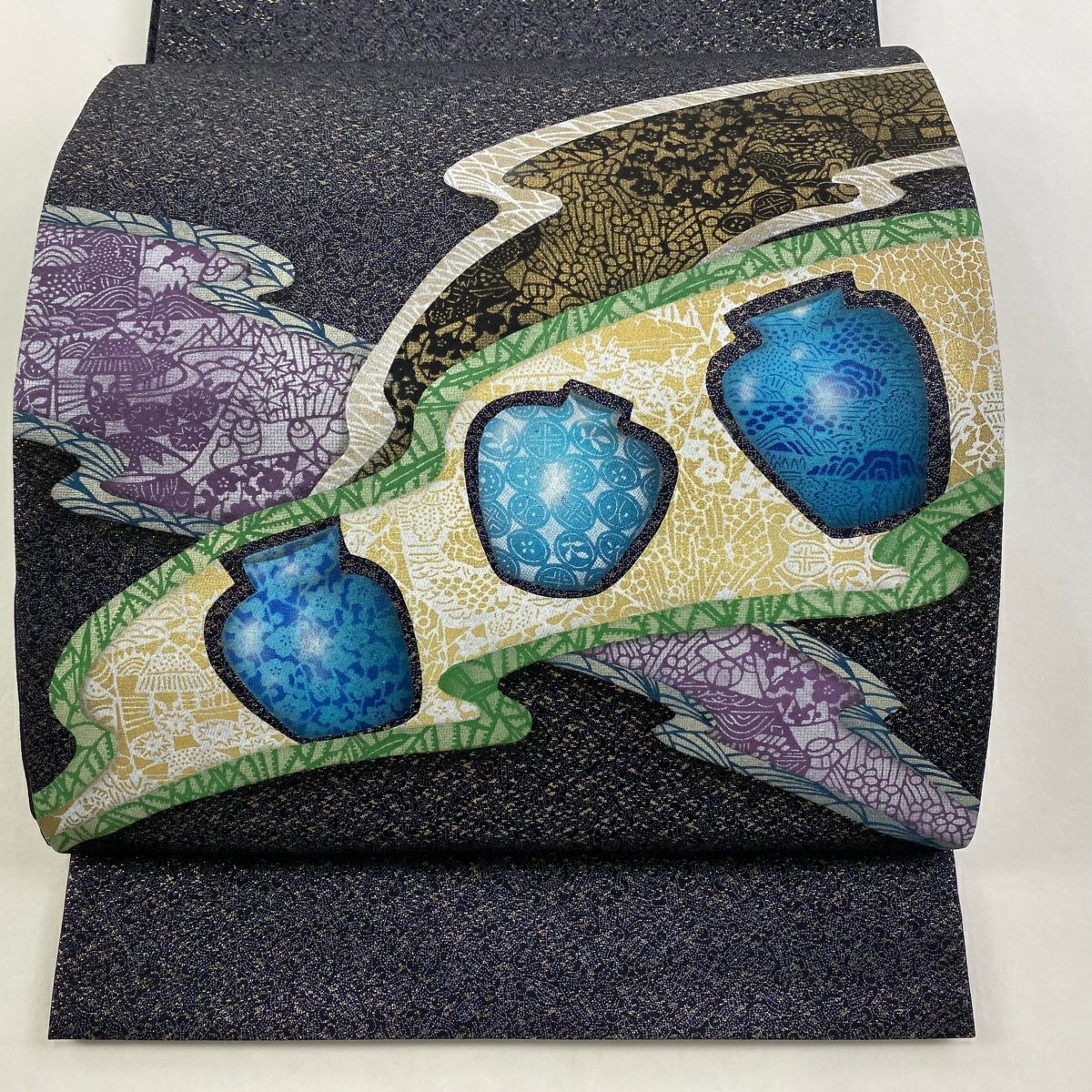 【庫存清倉】 【美品】 袋帶 名品級 附落款 花器 松樹竹子梅花 金金箔 金彩裝飾 青紫 大鼓圖案 純蠶絲